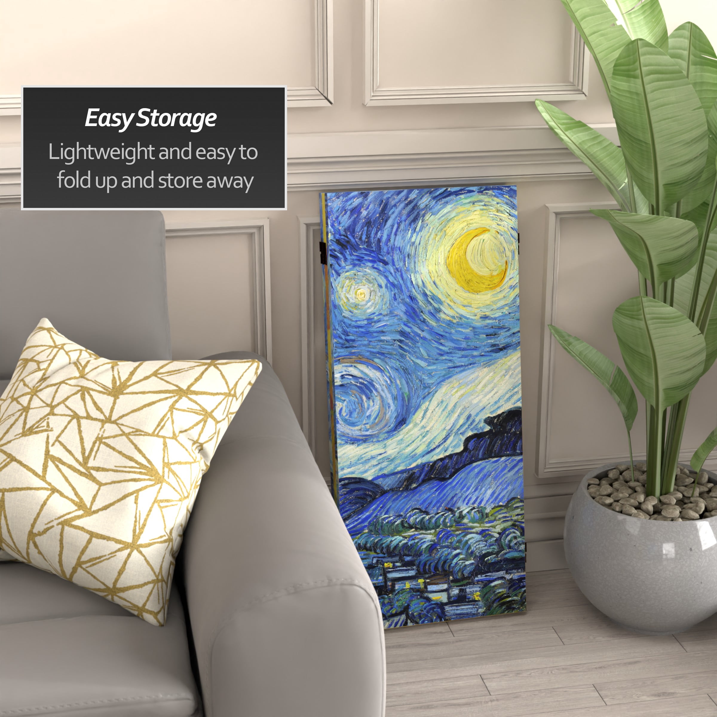 3 ft. Short Double Sided Works of Van Gogh Canvas Folding Screen - Starry Night/Sunflowers