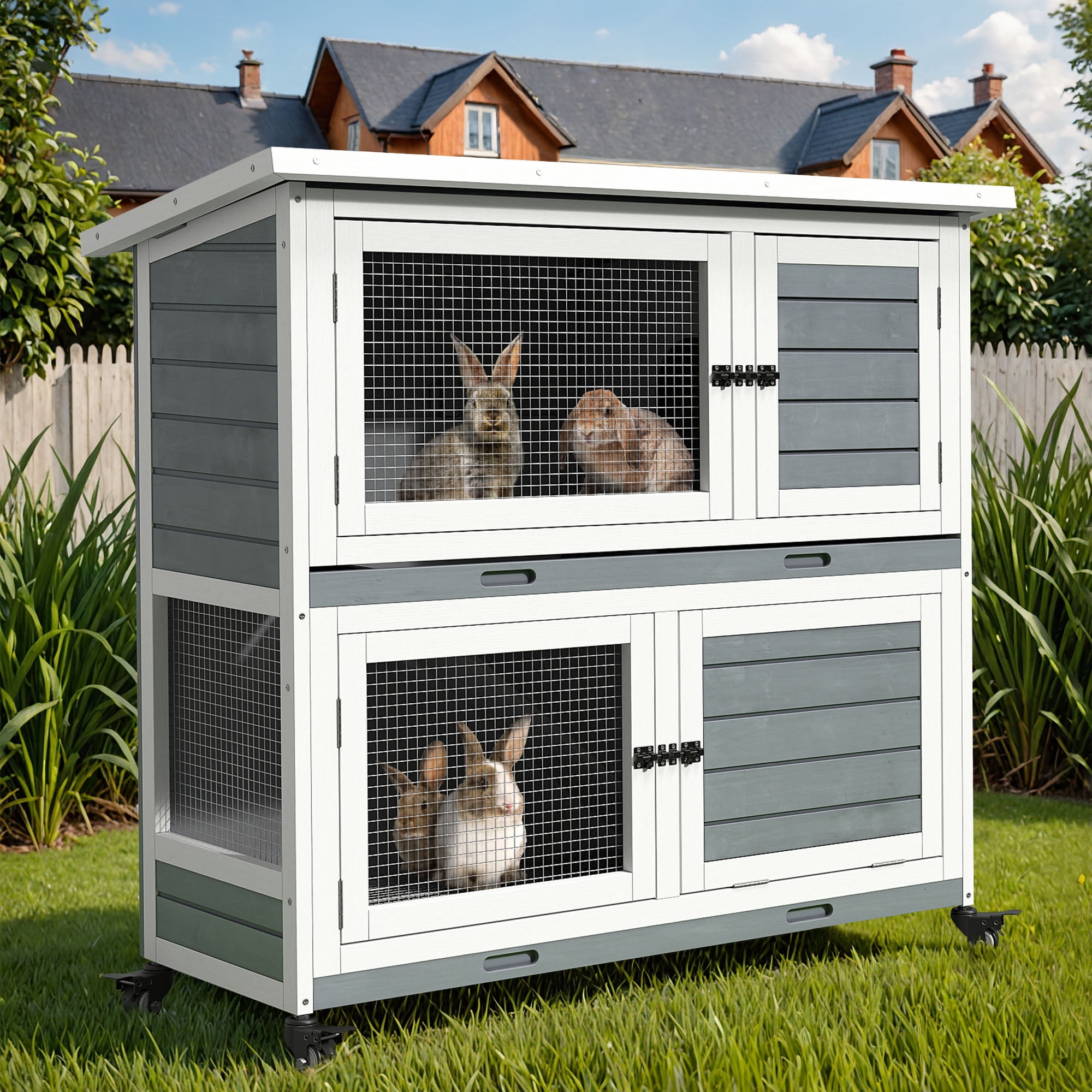 ModFusion 41" Portable Rabbit Hutch with Wheels, Opening Roof & Removable Tray for Indoor/Outdoor
