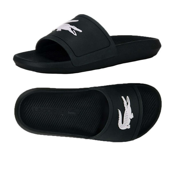 lacoste gold croc sliders in black