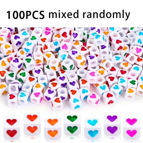 100/200/300pcs Mixed Random Acrylic Color Heart Square Beads, Suitable For Diy Jewelry Making Bracelet Necklace Mobile Phone Pendent, 6mm
