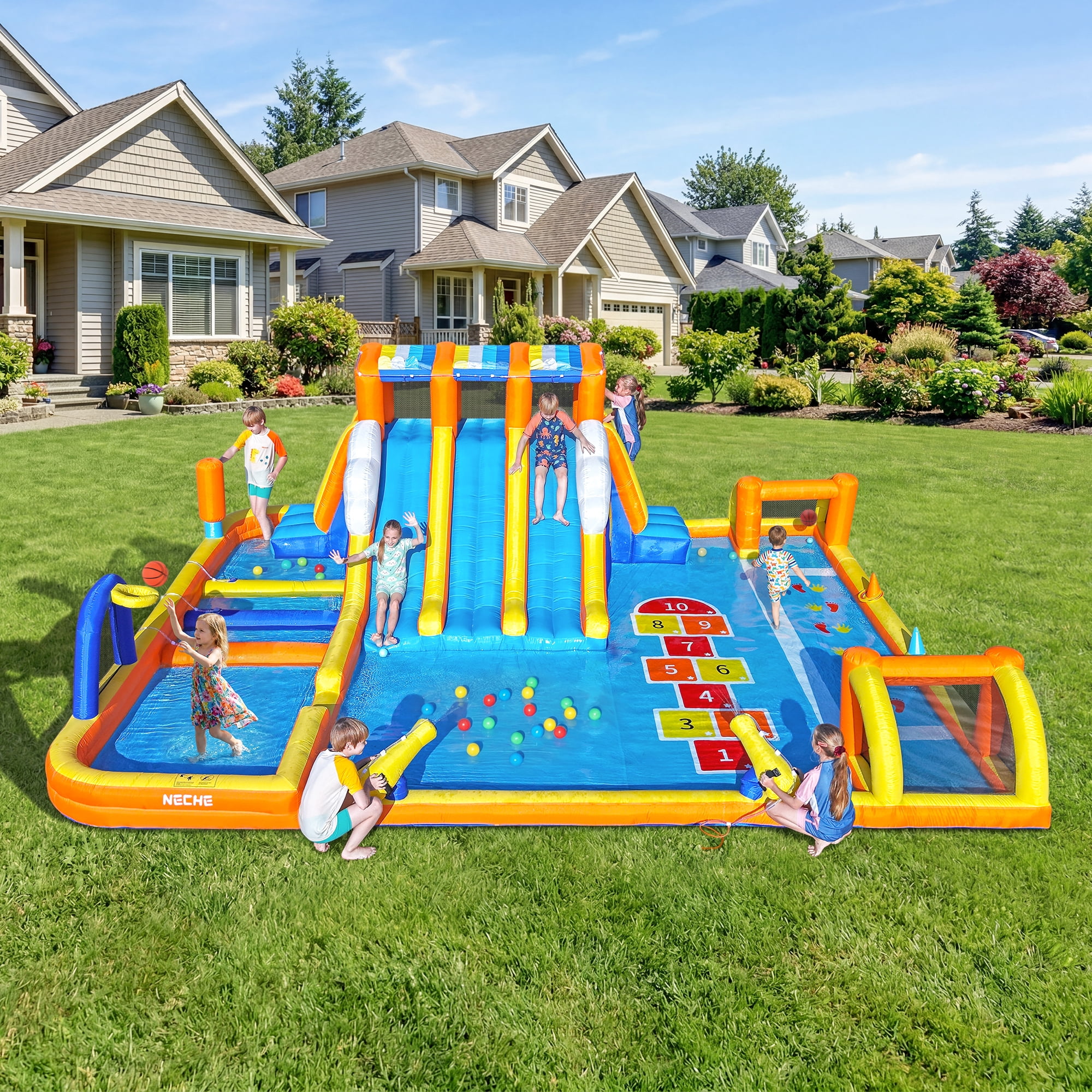240" Large Inflatable Water Slide with Blower, Neche Blow Up Pool for Kids Outdoor Play, Backyard Slip and Slide