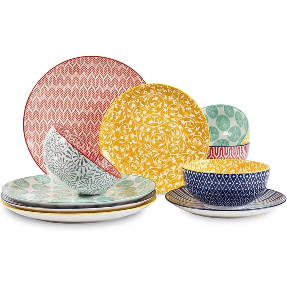 Ceramic Dinnerware Sets, 12-Pieces Plates and Bowls Sets, Scratch Resistant Dishes Set for 4, Dishwasher & Microwave Safe, Assorted Colors