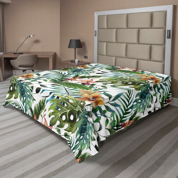 Ambesonne Leaf Flat Sheet, Palm Tree Flowers Hibiscus, California King, Pale Caramel Burgundy