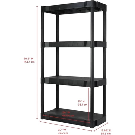 Plastic 4-Tier 56.2" H x 30"" W x 13.8" D Shelf, 280lb Total Capacity, Black$$Tools & Hardware Other