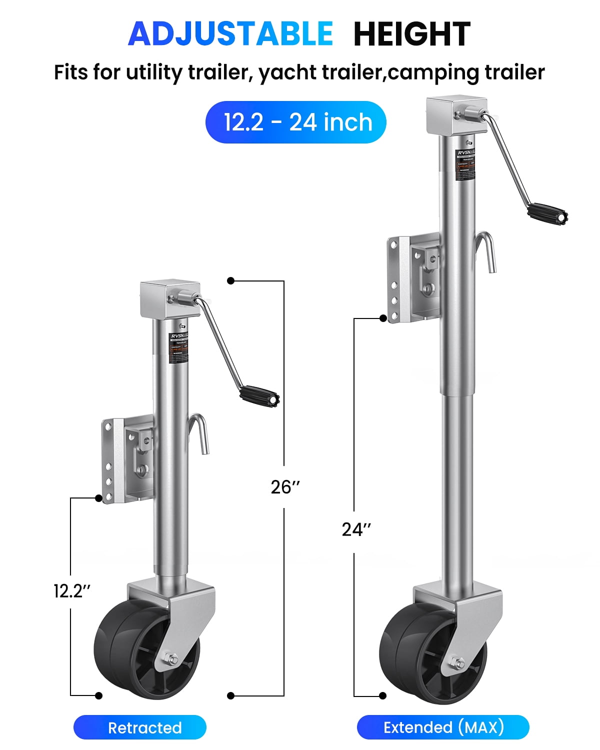 2000 lbs Trailer Jack with Dual Wheel Heavy Duty, 23" Lift, 20-24V Cordless Drill Compatible, for RV, Boat, Yacht & Utility Trailers, Sliver