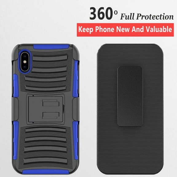iPhone X Phone Case, Dual Layers [Combo Holster] And Built-In Kickstand Bundled with Hybird Shockproof-Blue