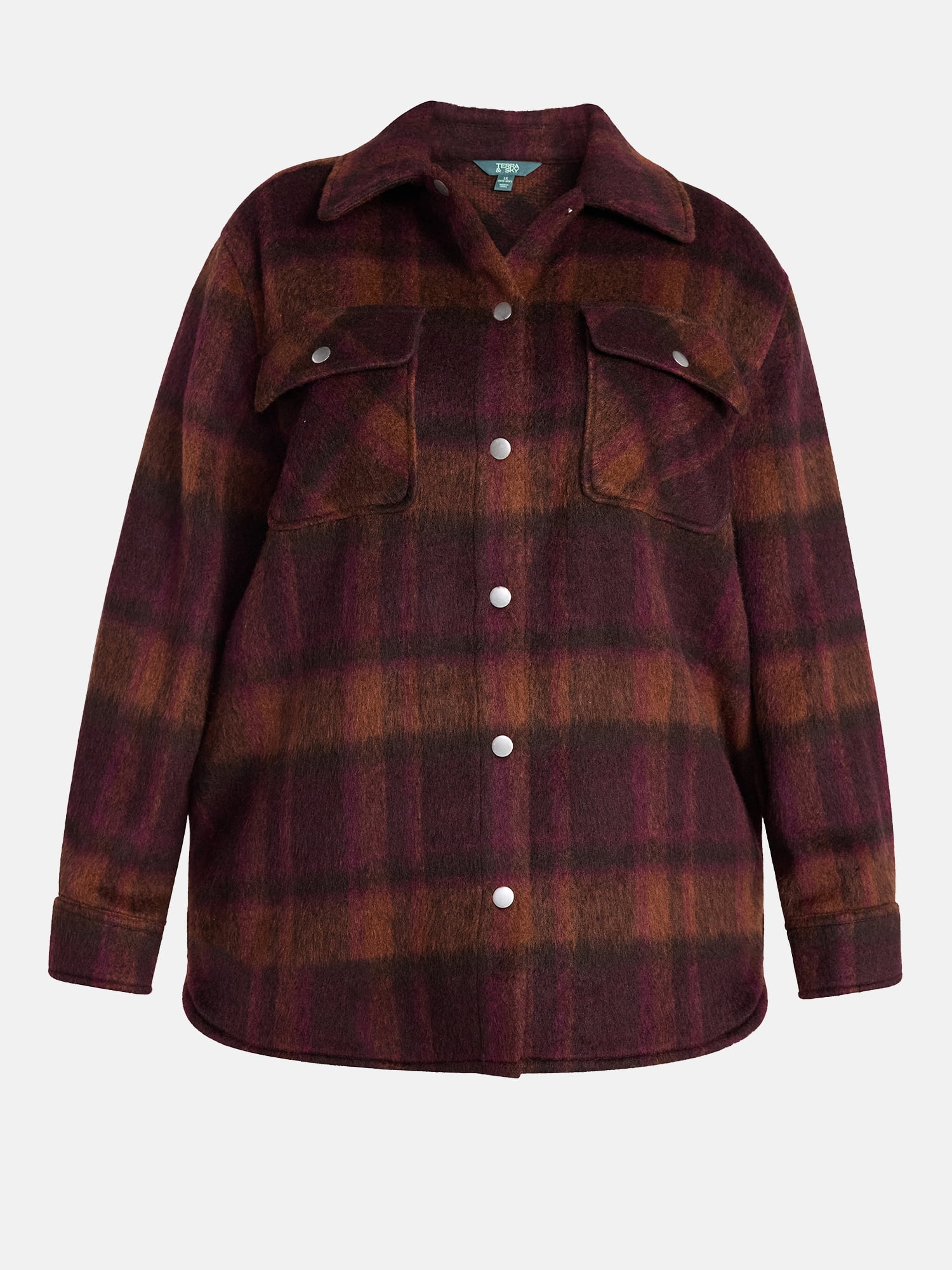 Terra & Sky Women's Plus Longline Brushed Plaid Shacket, Midweight, Sizes 0X-5X