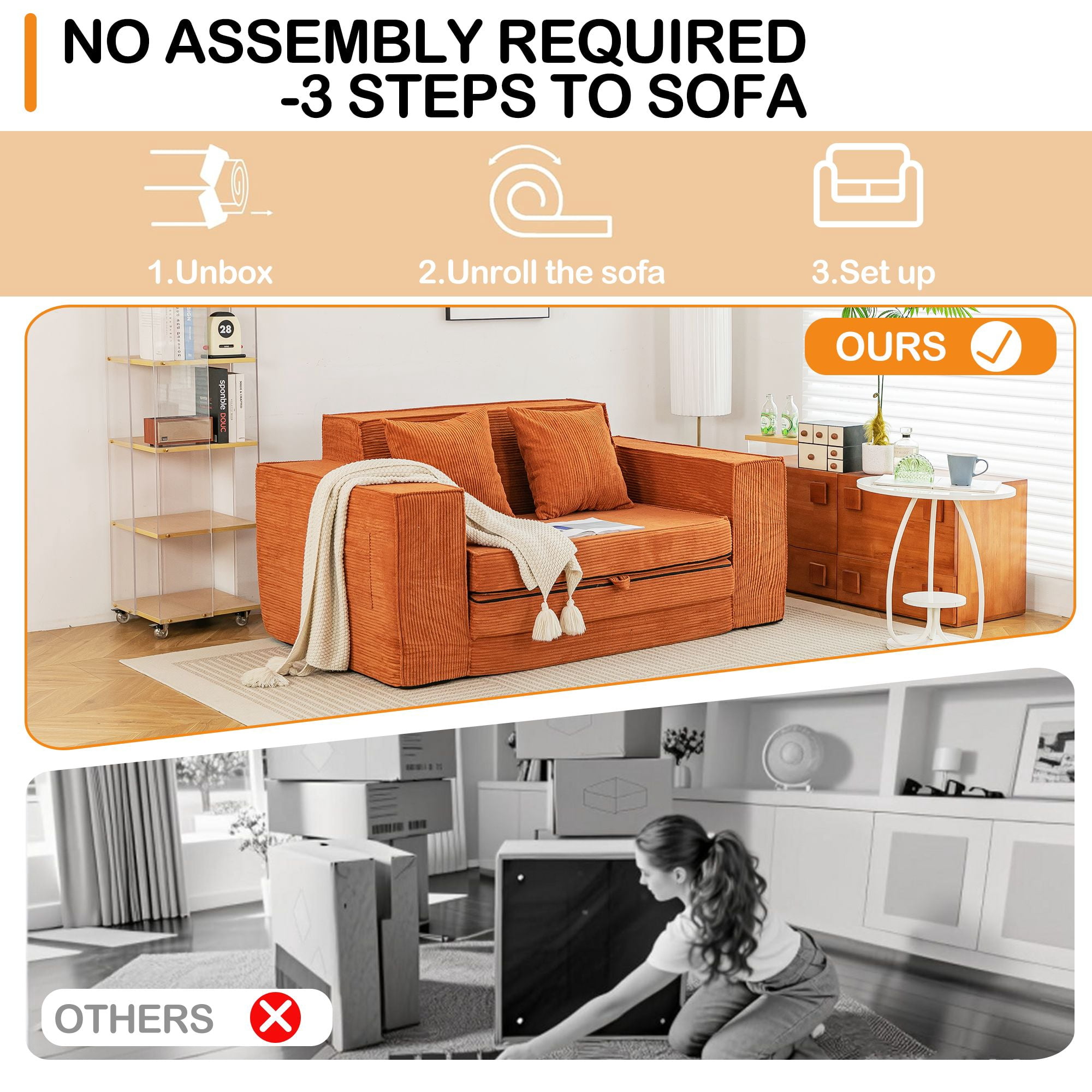 Vicluke Convertible Memory Foam 3-seat Sofa & Loveseat, Pull Out Sleeper Sofa Bed, 2 in 1 Folding Couch Bed, Fold Out Floor Couch Corduroy Fabric with Pillows for Living Room Bedroom Lounge(Tan)