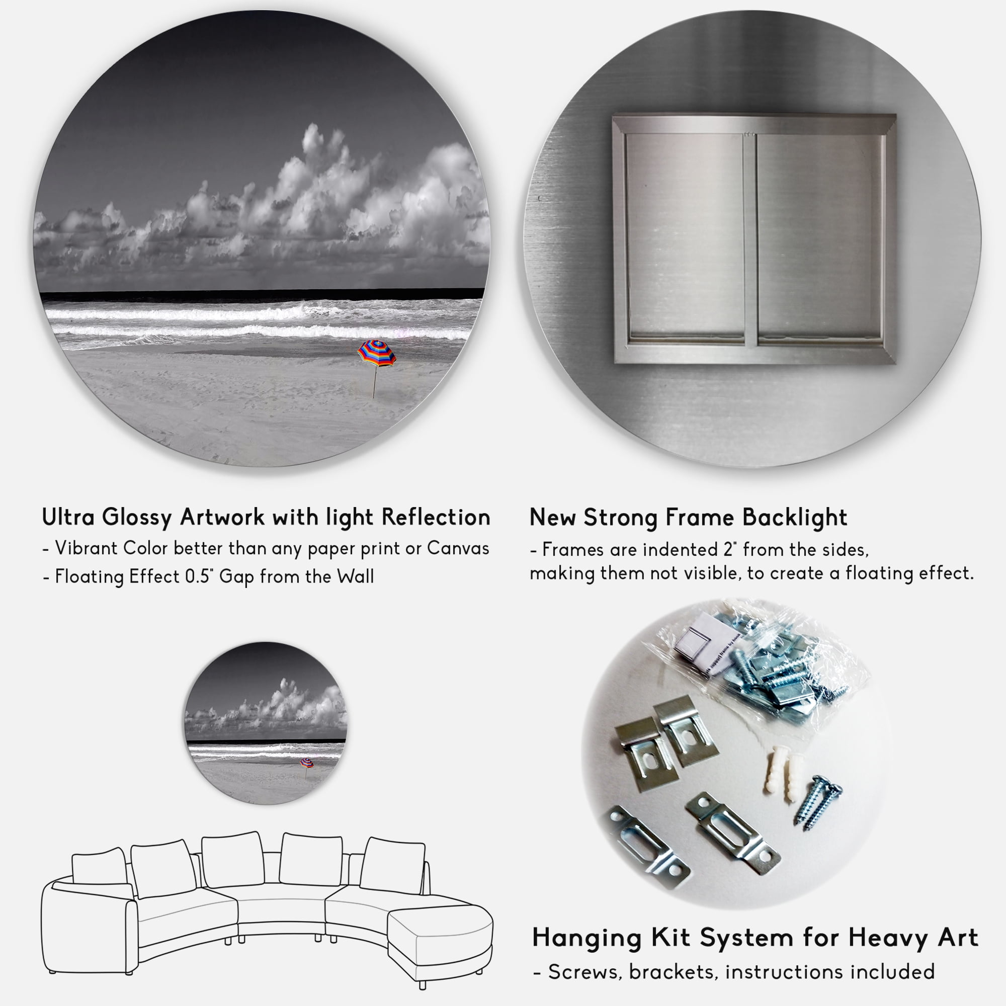 Designart 'Black and White Coastline Under Cloudy Sky' Lake House Circle Metal Wall Art 29x29 - Disc of 29