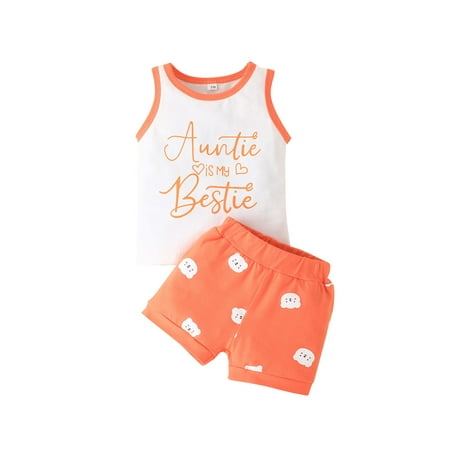 

Suanret Infants Baby Girl Boy Casual 2PC Set Letter Print Round Neck Vest Cartoon Bear Head Print Shorts Orange 12-18 Months