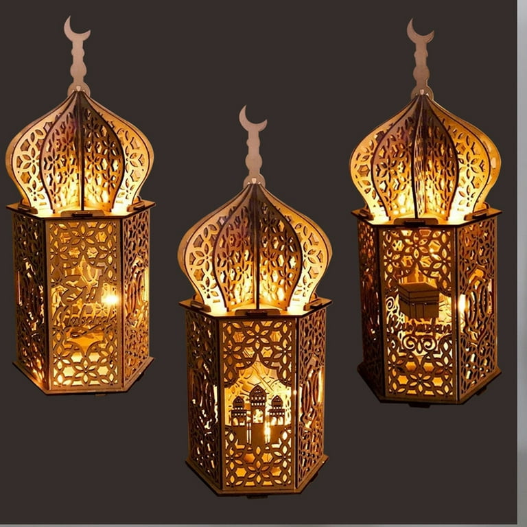 Eid Mubarak Wooden Lantern Decoration Ramadan Wood Tabletop Decor