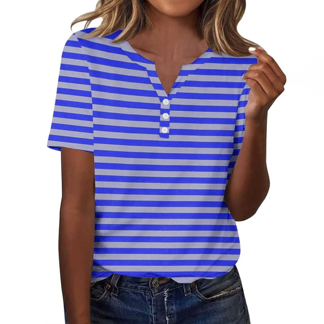 Plebaso T-Shirts à Rayures à Col en V pour Femmes, Manches Courtes, T-Shirts d'Été, à Blocs de Couleur, Blouses Décontractées et Amples pour Femmes