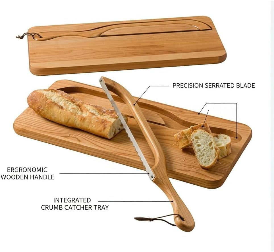 Bread Bow Knife and Board Set, 8 Inch Bread Knife with Matching Crumb Tray, Ergonomic Slicing Kitchen Tool for Homemade Bread, Bagels, Rolls (Wood)