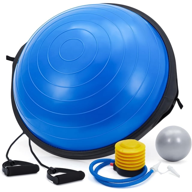 25 Inch Half Balance Ball Trainer - 1600 lbs Capacity Stability Training System with Resistance Bands Pump and Extra Ball - Blue