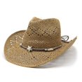 thumbnail image 2 of OOOUM Breathable Cowboy Hat For Men Women Western Style Star Charm Beaded Band Straw Sun Hat Festival Outdoor Vacation Western Cowgirl Hat Khaki, 2 of 9