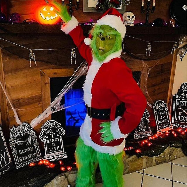 Disfraz navideño de Grinch para adultos, disfraz de Papá Noel para niños, conjunto de disfraces para hombres y mujeres de 7 piezas que incluye máscara-x