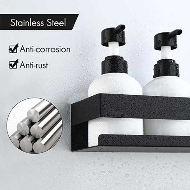 Estante de ducha, Estante de ducha sin taladrar, Estante de baño de acero inoxidable, Almacenamiento de ducha, Instalación adhesiva Carrito de ducha para champú, con juego de 2 ganchos, Negro mate