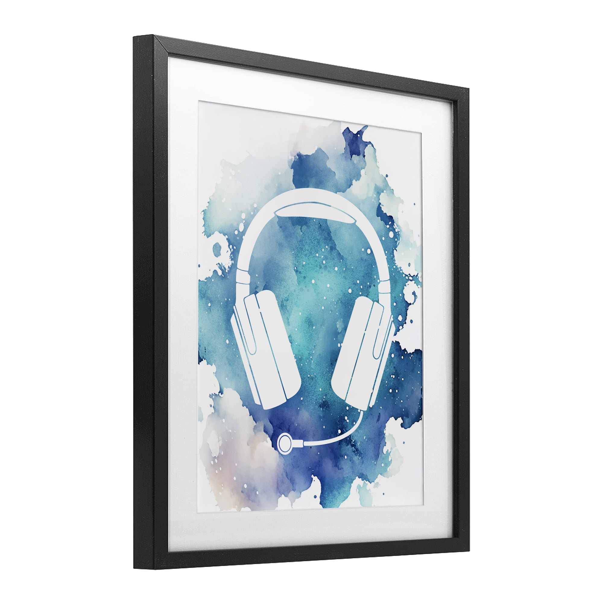 Blue Headphone Splatter Black Framed Print Under Glass, design by Marcus Prime