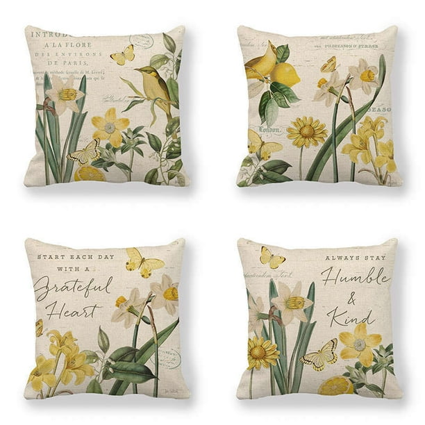 Juego de 4 fundas de almohada con diseño de mariposa, fundas de cojines con flores decorativas, fundas de almohada cuadradas de lino con impresión a doble cara, 18x18 pulgadas Sincero Electrónica