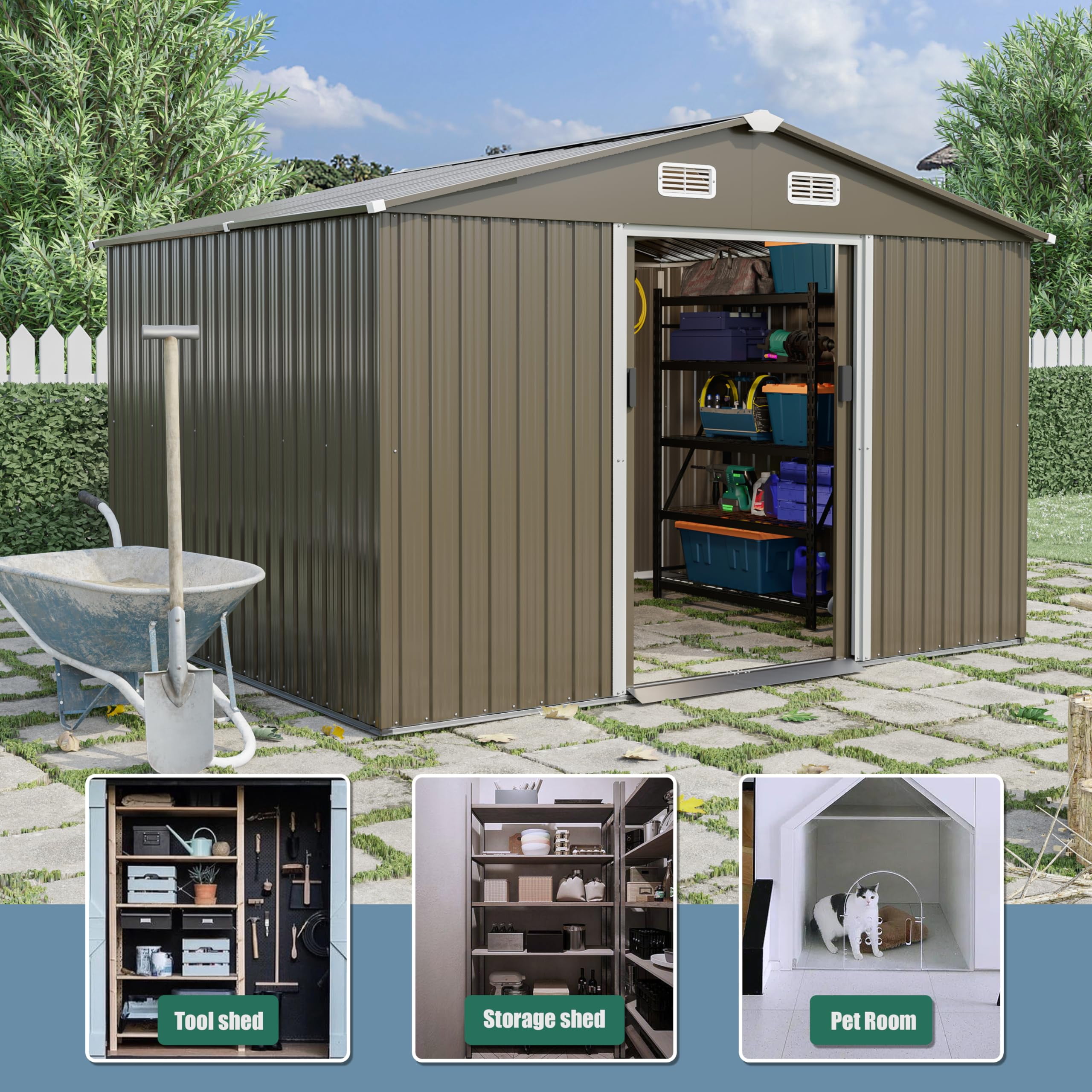 ALAULM 8x6 ft Outdoor Steel Storage Shed with Lockable Sliding Door, Waterproof Metal Tool Shed for Garden, Brown