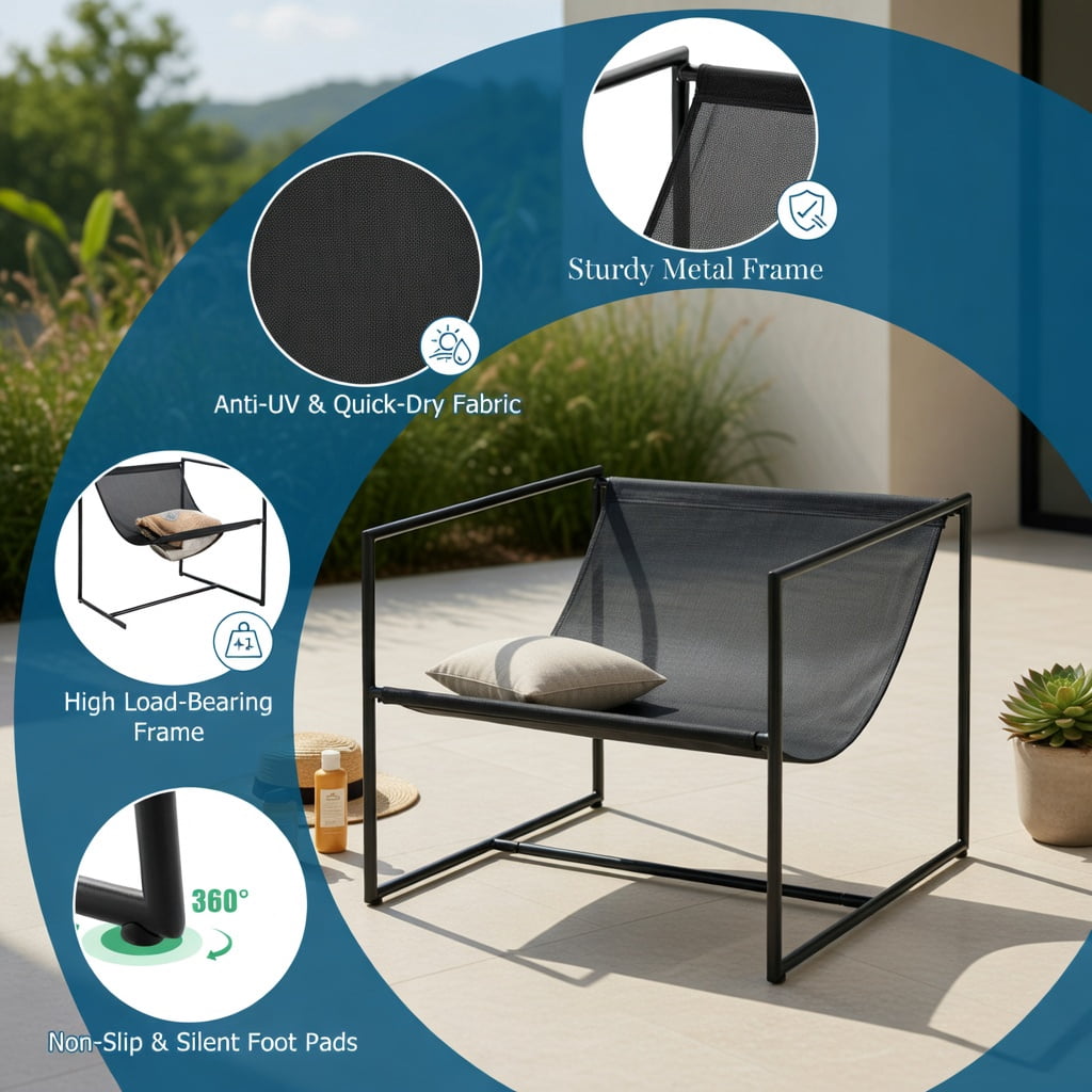 Hommoo 2-Pack Sling Accent Chairs with Black Metal Frame, Indoor/Outdoor Leisure Chairs, Weather-Resistant Fabric, Ergonomic Design, Navy