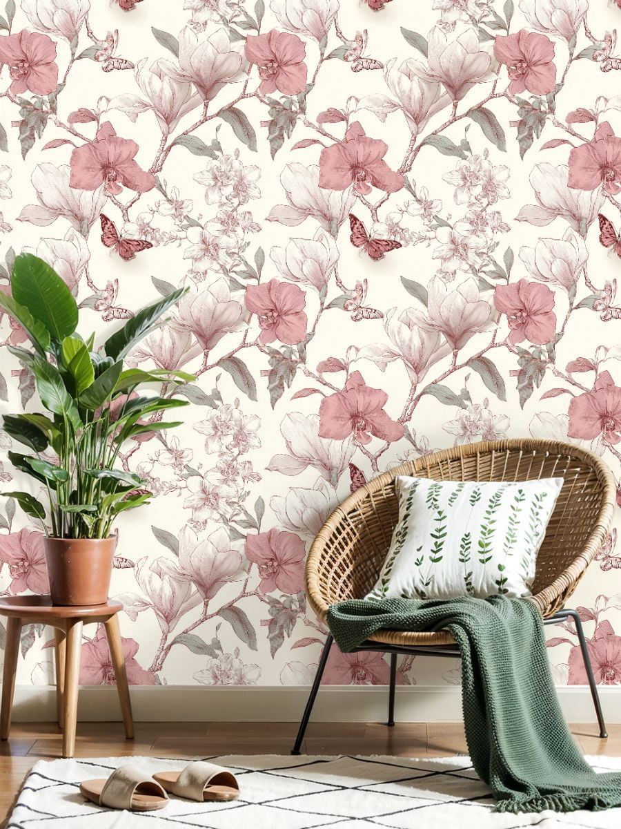 Peel and Stick Wallpaper Floral Magnolia Butterflies boho Pink Botanical Wall Mural 23.6in x 9.8ft Self Adhesive Removable Wall Paper Renter Friendly Wallpaper for Girls Women Bedroom Livingroom