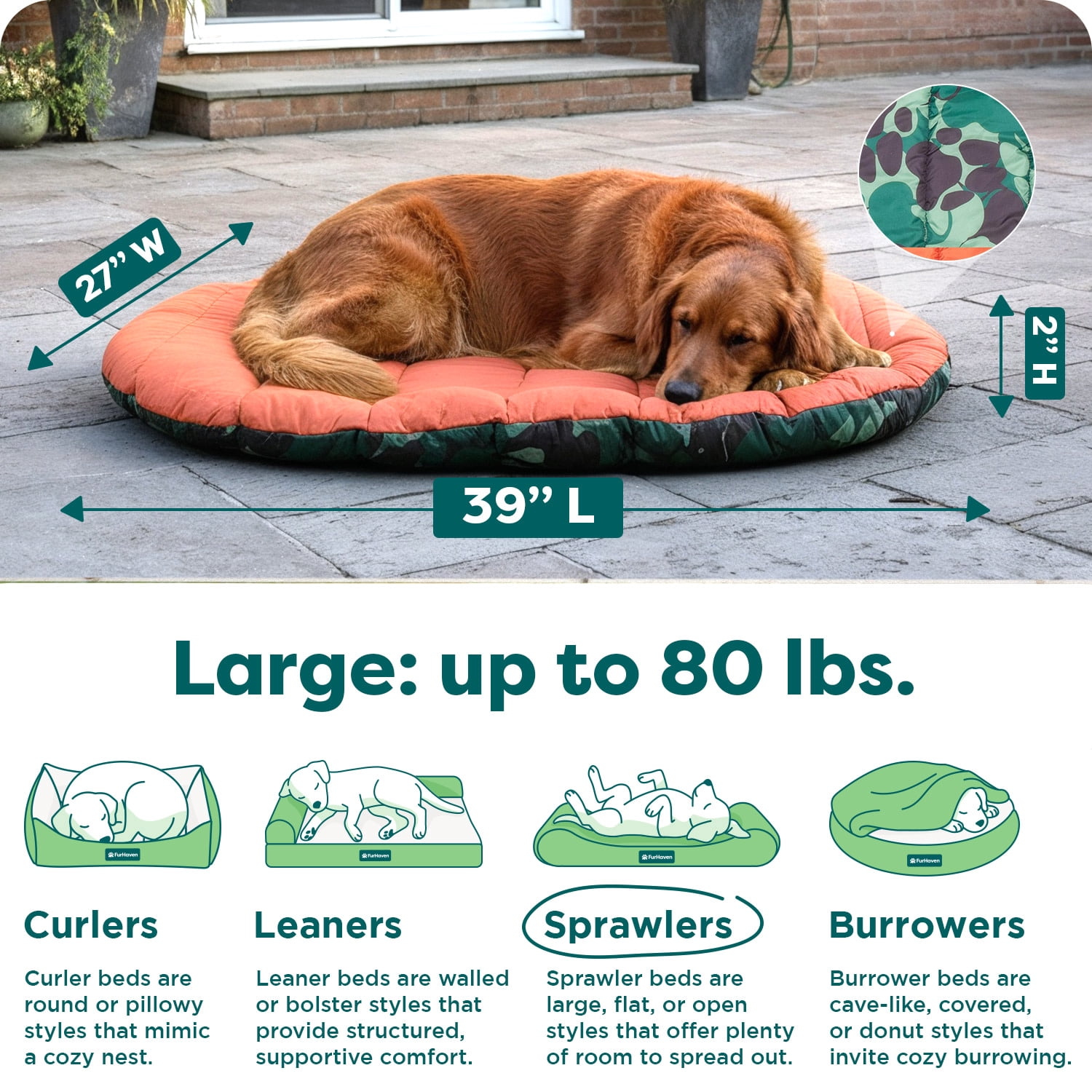 FurHaven Outdoor Travel Dog Bed for Large Dogs, Lightweight Trail Pup Travel Pillow Mat with Stuff Sack, Machine Washable & Foldable, Large, Paprika Camo-Paw