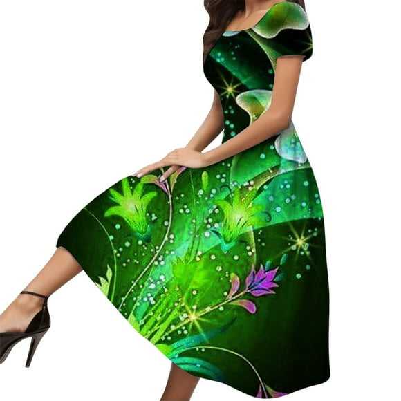 TSADFHJI Knit Skirt Set Tank Women's Spring and Summer Fashionable Temperament Elegant Green Themed Printed Round Neck Short Sleeved Casual Dress Long Skirt 2 M Yellow