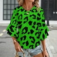 thumbnail image 3 of Lime Green Leopard Animal Print Women's V-Neck Blouse With 3/4 Ruffled Bell Sleeves Casual Top Ladies Blouses, 3 of 7
