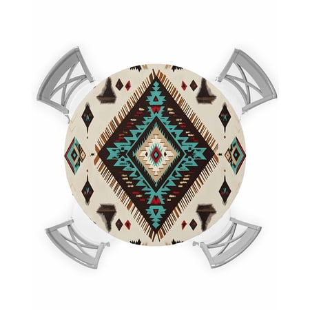 nqOlkjepod Red Teal Brown Southwestern Round Tablecloth Fitted Table Cover with Elastic for 36 -44 Round Tables Ethnic Geometric Boho Retro Table Cloth Outdoor Dinning Party Waterproof Tablecloths