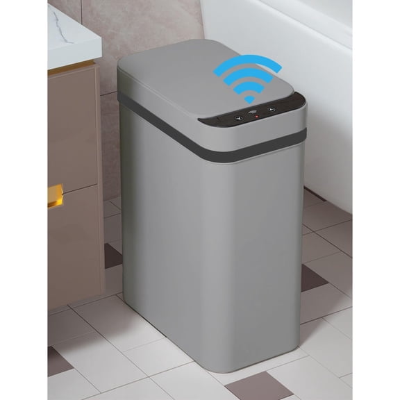 AISUO 2.5 Gallon Automatic Motion Sensor Trash Can with Lid, Touchless Slim Narrow Plastic Waste Bin, Auto‑Open Skinny Garbage Can for Bathroom, Bedroom, Office, Grey