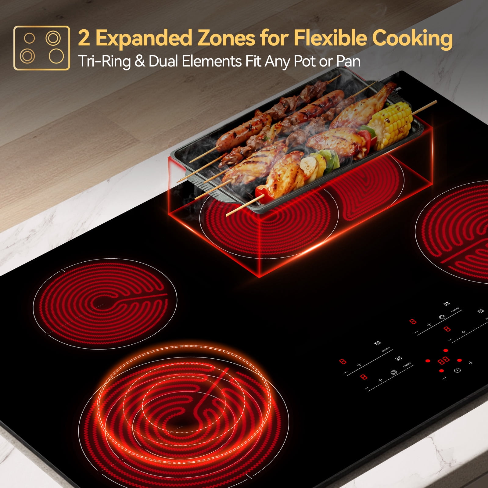 Tecasa 30 Inch 4 Burners Radiant Electric Cooktop in Black with Bridge Element and Triple Ring Element Touch Control