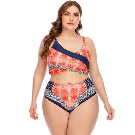 Women's Plus Size Bikini Sets High Waisted Two Piece Swimsuits V Neck Floral Printed Twist Front Bathing Suits (Pink, XL)