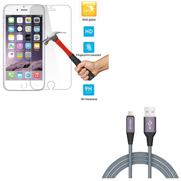 iPhone 8/7/6S/6 - Charger Cord 6ft USB Cable w Anti-Glare Screen Protector - Power Wire Braided Long Sync, Tempered Glass Matte 2.5D Curved Edge Anti-Fingerprint for iPhone 8/7/6S/6