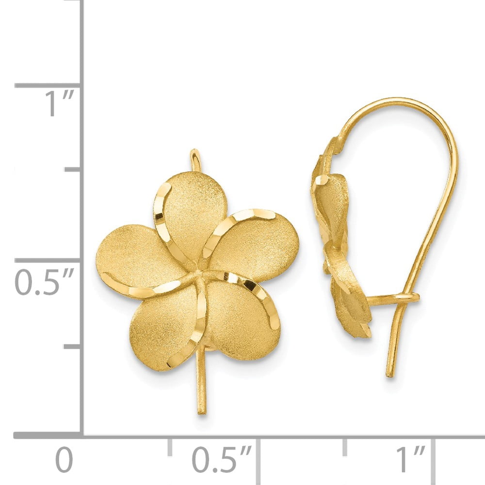 Real 14kt Yellow Gold Plumeria French Wire Earrings; for Adults and Teens; for Women and Men