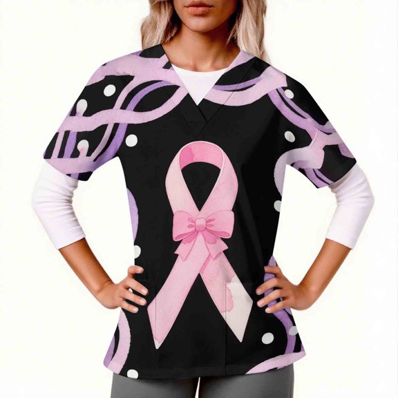 Kctiaxy Black Scrub Tops Women Fashionable Casual V-neck Short Sleeve Working Uniform Bow Ribbon Print Summer Tops with Double Pockets XL