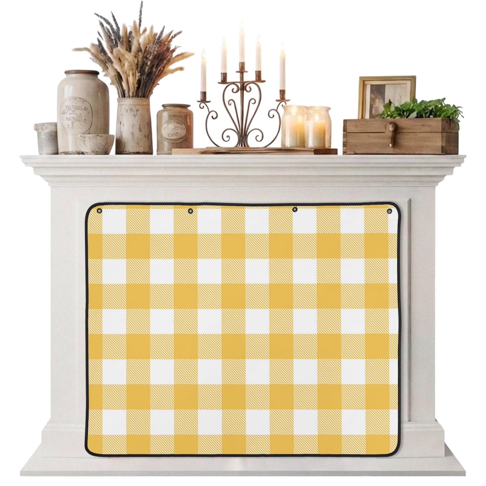 Magnetic Fireplace Cover Yellow Buffalo Check Plaid Fireplace Screen Farmhouse Style Insulation Fireplace Blocker Blanket Save Energy Fireplace Draft Stopper Covers for Living Room 45x34