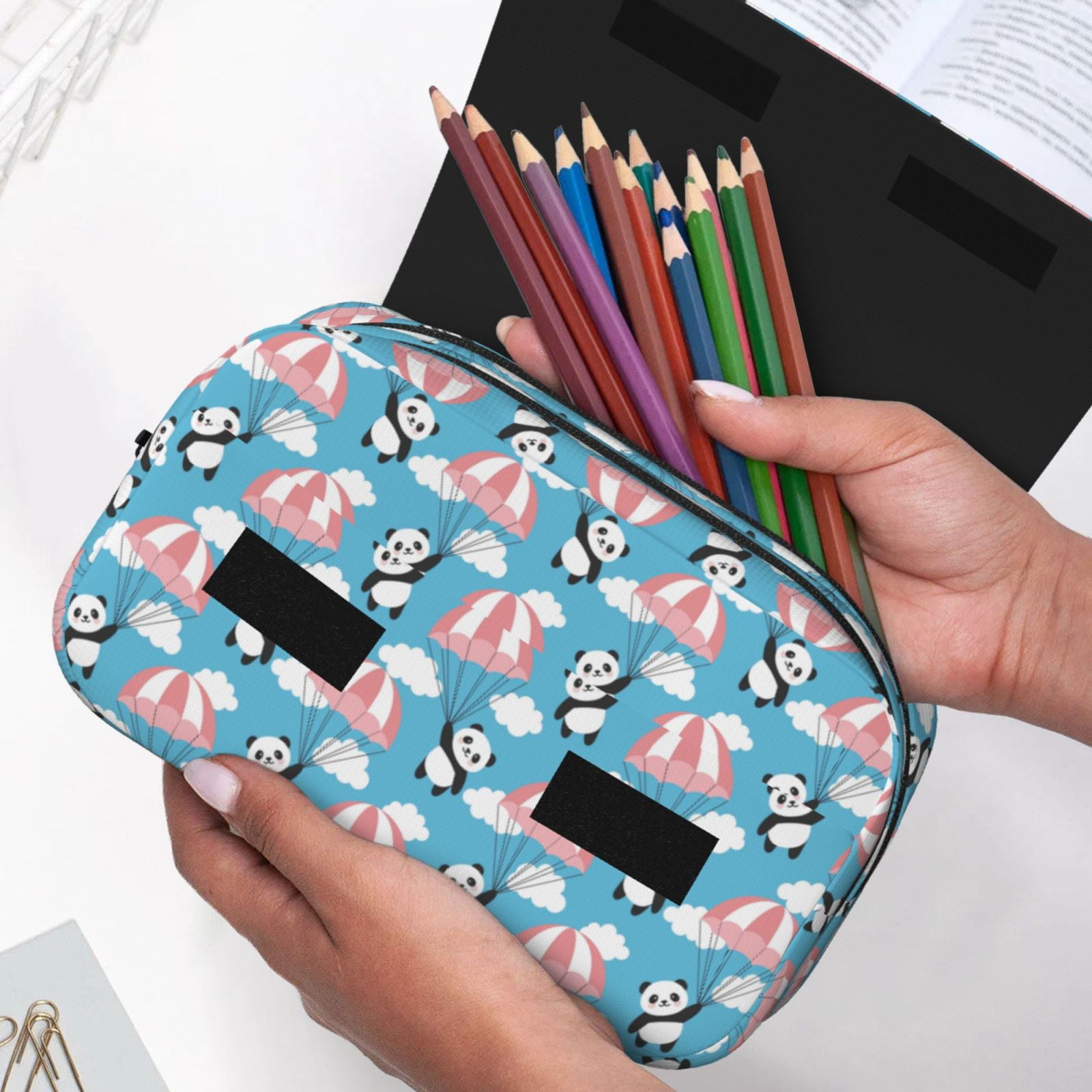 Rateoe Panda Flying in the Sky Pattern Double Clamshell Pen Case, Storage Organizer with Two Zipper Compartments– Holds Up to 50 Pencils & Pens