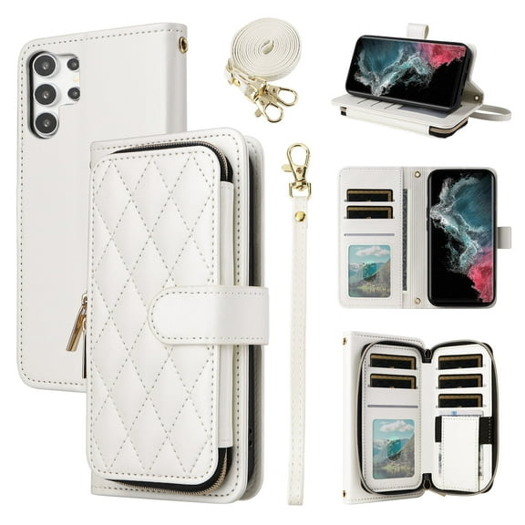 Furiet Wallet Case for Samsung Galaxy S23 Ultra 5G with Wrist Strap Shoulder Strap, 9 Card Slots Zipper Purse, Luxury PU Leather Stand Phone Cover for S23Ultra 23S S 23 23Ultra 6.8 inch Women White