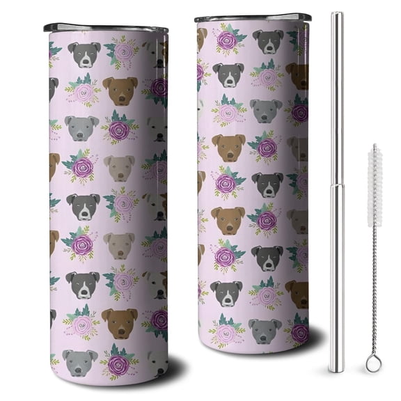 20oz Cute Pitbull Terriers Dog and Flower Skinny Tumblers Stainless Steel Tumbler with Lid and Straw,Vacuum Insulated Double Wall Travel Tumbler Cups with Cleaning Brush for Coffee,Tea