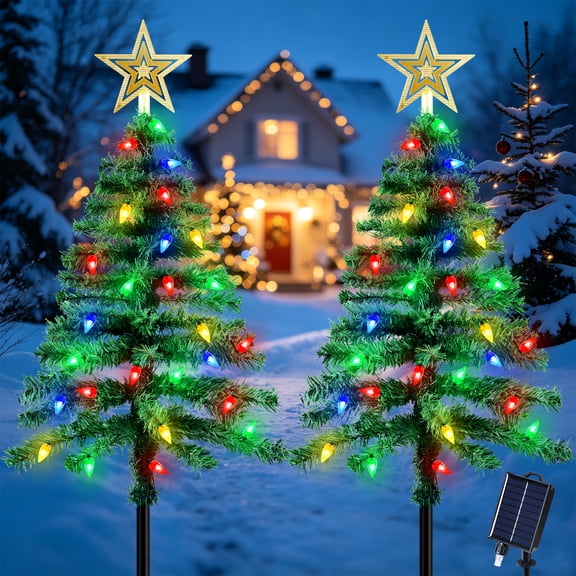 Oziral 2 pack Solar Christmas Tree Lights 3.6ft 100 LED Solar Pathway Lights Outdoor Waterproof Garden Yard Patio Lawn Holiday Decor Mini Xmas Trees 8 Modes