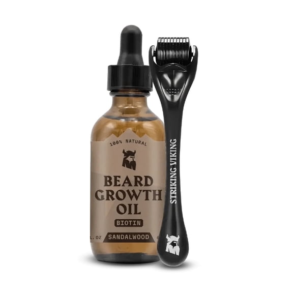 Striking viking beard growth kit derma roller biotin beard oil sandalwood beard care set for men