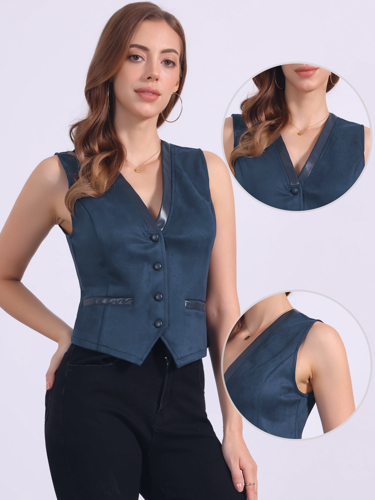 DARING DIVA Women's Vintage V Neck Faux Suede Button Down Sleeveless Jacket Vest L Navy Blue