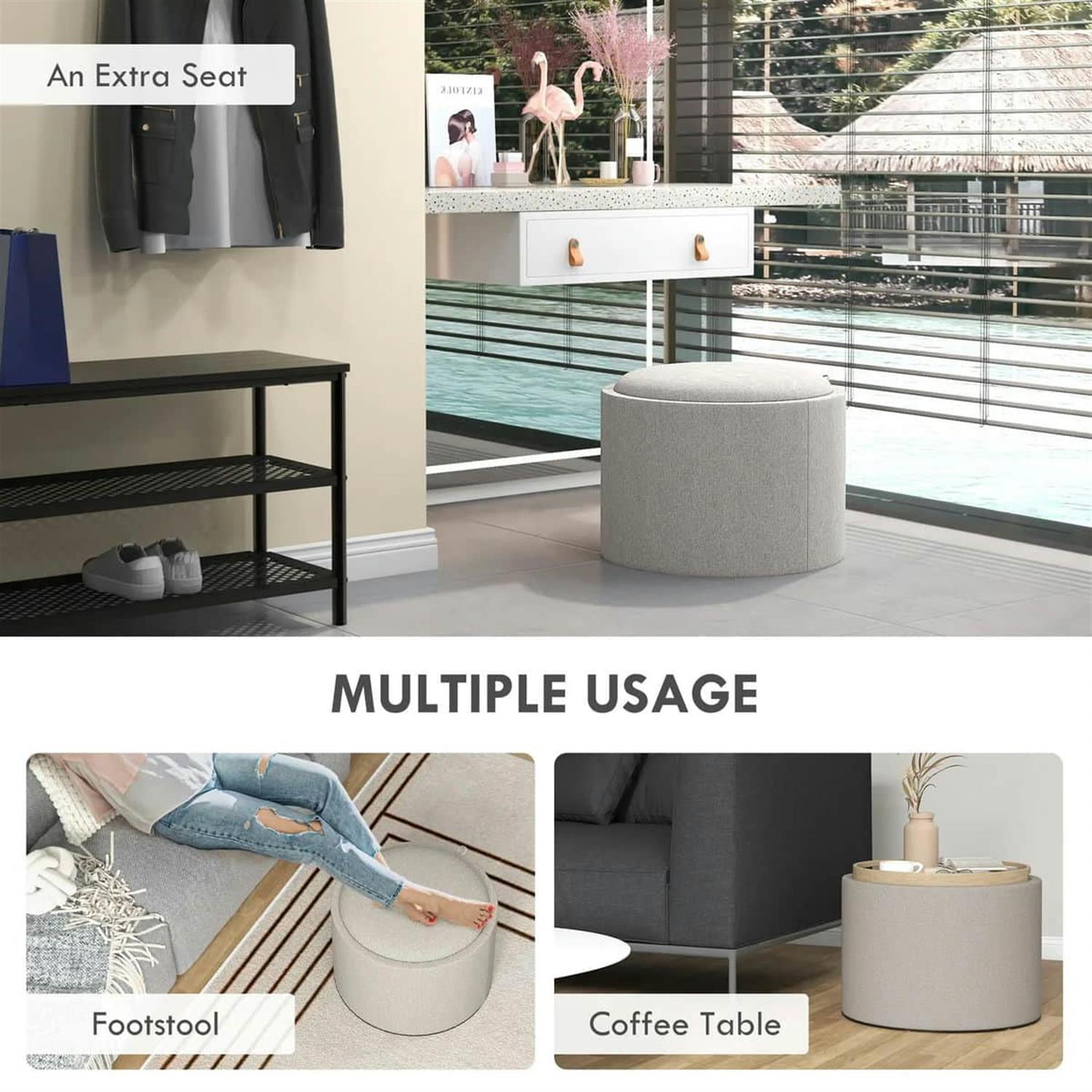 Demi Bonn 22" Round Ottoman Coffee Table with Flip Top, Hidden Storage, Linen Upholstered Footstool for Living Room, Gray