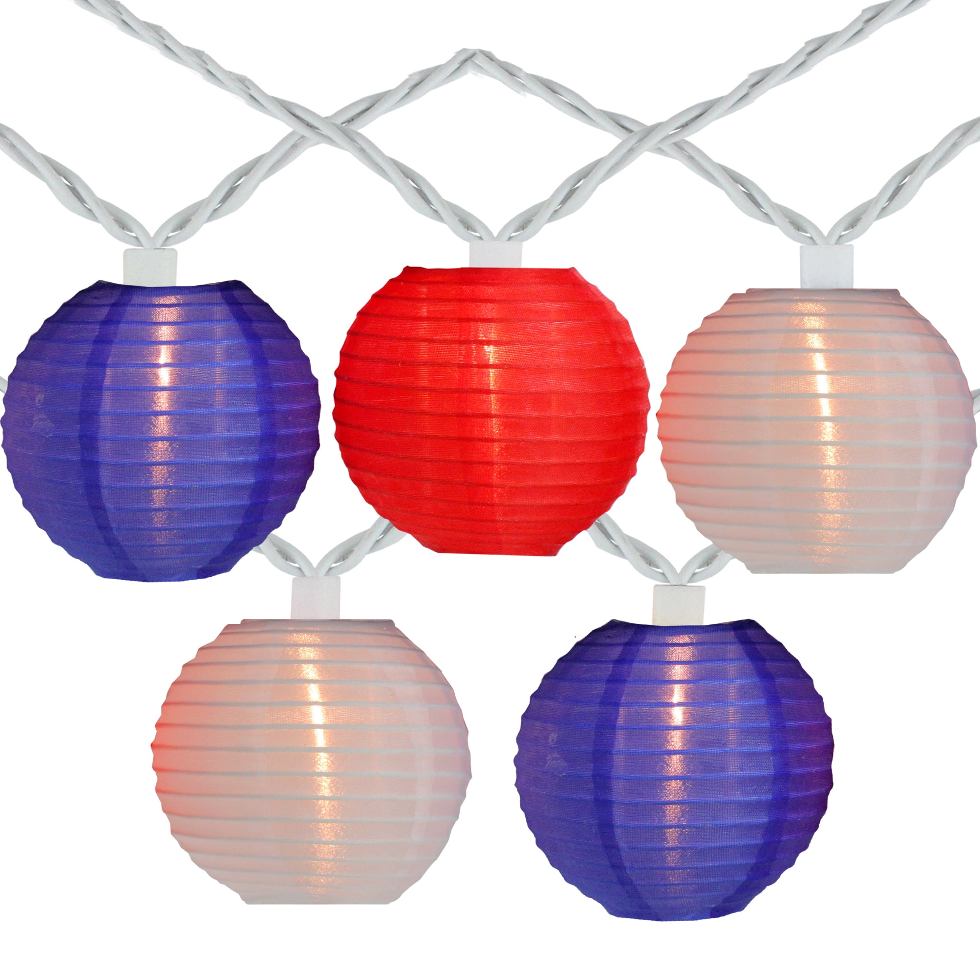 Set of 10 Red White and Blue Round Chinese Lantern Patio Lights - White Wire