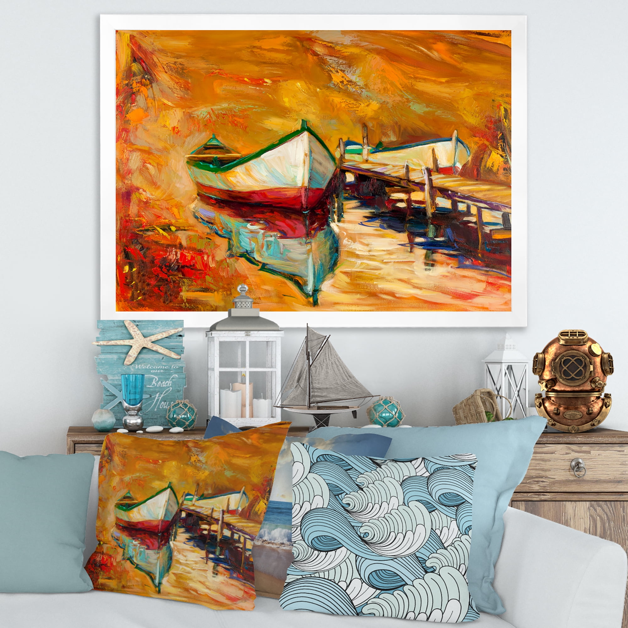 Designart 'Red and White Boats By The Pier' Nautical & Coastal Framed Art Print