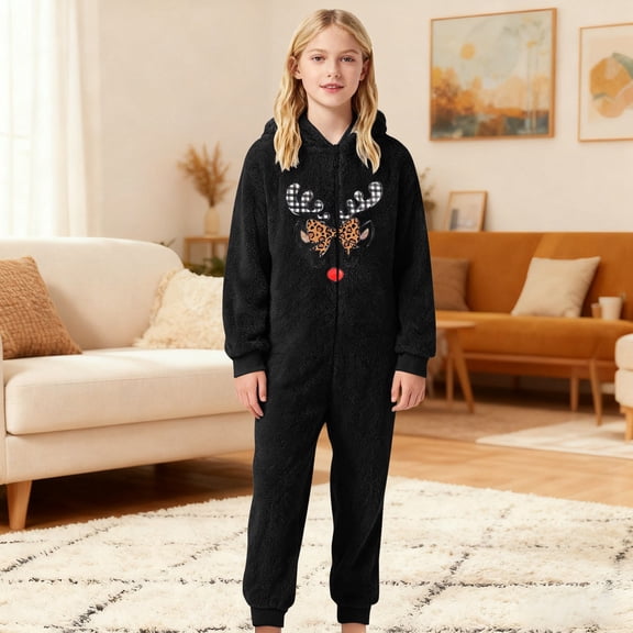 FAOWME Big Kids Girls Hooded Jumpsuits Long Sleeve Reindeer Print Zipper Plush Warm Soft Romper Bodysuits For Daily Wear Black 9-10 Years
