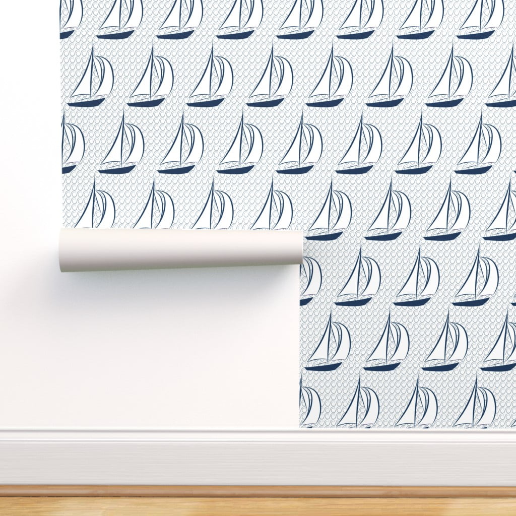 Peel & Stick Wallpaper 9ft x 2ft Nautical Sailboat Sailing Navy Blue