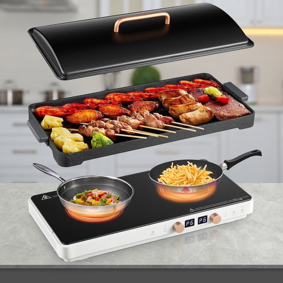 Induction Cooktop 2 Burners, 1800W Countertop Burners with Removable Cast Iron Griddle Pan Non-Stick, 8 Power Levels Control