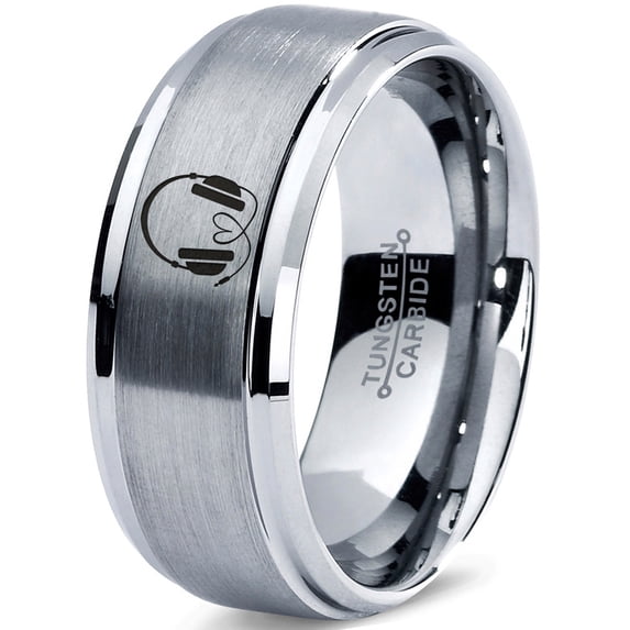 Tungsten Audiophile Audio Music Love Band Ring 8mm Men Women Comfort Fit Gray Step Bevel Edge Brushed Polished
